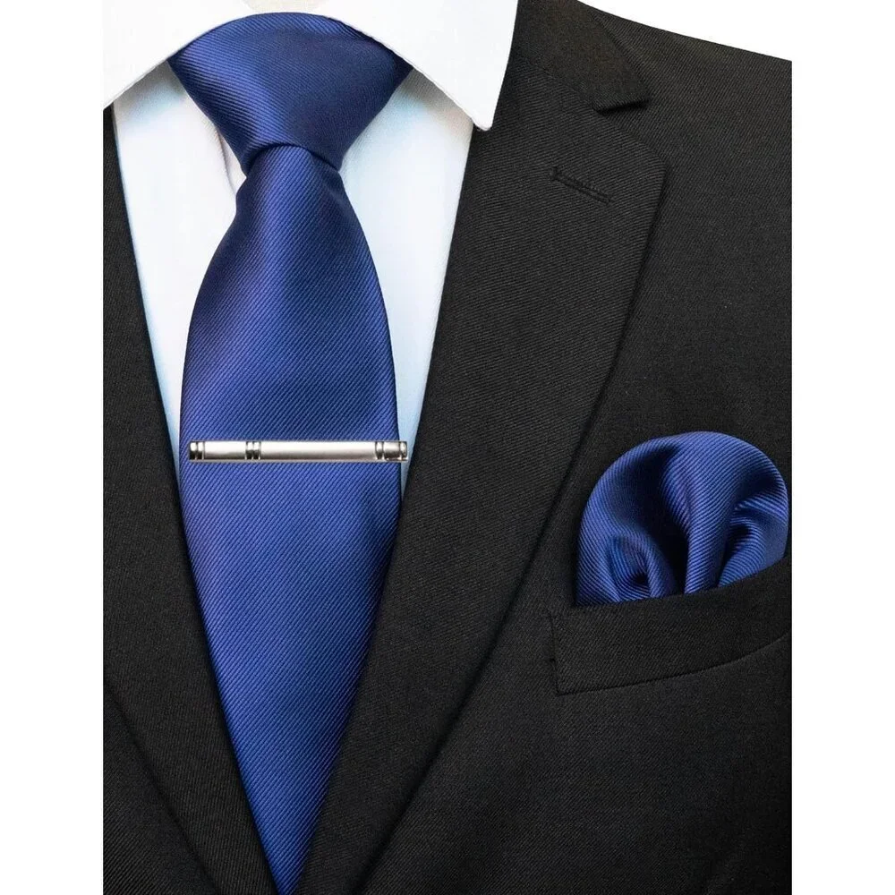 Men's Dark Blue Colour Formal Necktie and Pocket Square Tie Clip Sets